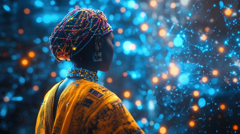 African woman facing a digital network visual representing AI-ready infrastructure across the continent — MTN Group